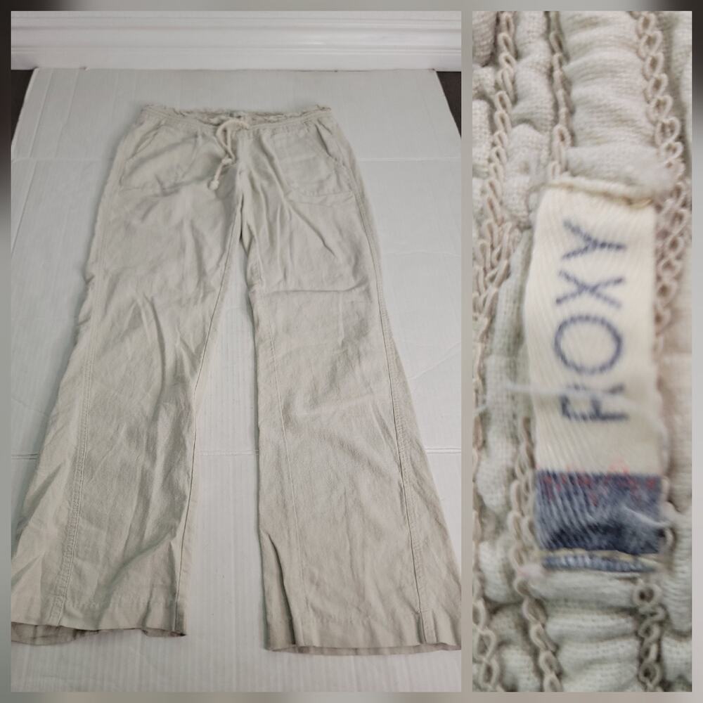 Roxy Linen Blend Pants Womens Sz M Low Rise Straight Drawstring Pockets Relaxed